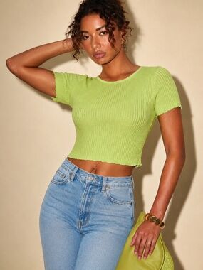 BiBi NWT Neon Lime Waffle Knit Top Lettuce Hem Casual Women Size L